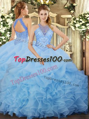 Halter Top Sleeveless Lace Up 15 Quinceanera Dress Aqua Blue Organza