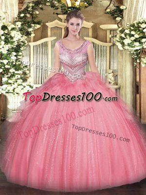 Captivating Watermelon Red Scoop Lace Up Beading and Ruffles Quinceanera Dresses Sleeveless