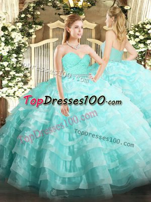 Low Price Sweetheart Sleeveless Zipper Sweet 16 Quinceanera Dress Aqua Blue Tulle