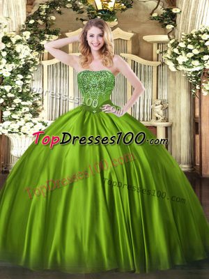 Sleeveless Floor Length Beading Lace Up Quinceanera Gowns with Olive Green