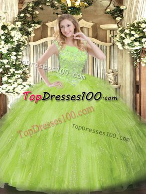 Great Yellow Green Sweet 16 Dress Military Ball and Sweet 16 and Quinceanera with Beading and Ruffles Scoop Sleeveless Zipper
