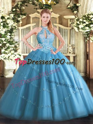Beauteous Baby Blue Sleeveless Floor Length Beading Lace Up Quinceanera Gowns