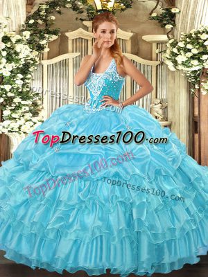Discount Floor Length Aqua Blue Sweet 16 Dresses Organza Sleeveless Beading and Ruffled Layers and Pick Ups