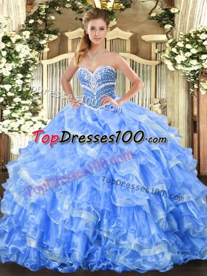 Baby Blue Sweetheart Lace Up Beading and Ruffled Layers Quinceanera Gowns Sleeveless