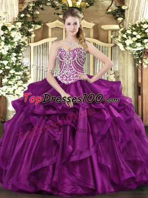 Elegant Sleeveless Floor Length Beading and Ruffles Lace Up Quinceanera Gowns with Fuchsia