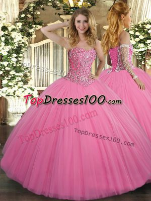 Graceful Ball Gowns 15th Birthday Dress Rose Pink Sweetheart Tulle Sleeveless Floor Length Lace Up