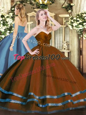 Sleeveless Tulle Floor Length Zipper Quinceanera Dresses in Brown with Ruffled Layers