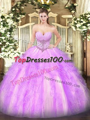 Tulle Sweetheart Sleeveless Lace Up Beading and Ruffles Quince Ball Gowns in Lilac