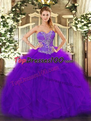 Beading and Ruffles 15 Quinceanera Dress Purple Lace Up Sleeveless Floor Length