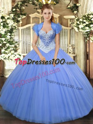 Flirting Baby Blue Sleeveless Floor Length Beading Lace Up Sweet 16 Dress