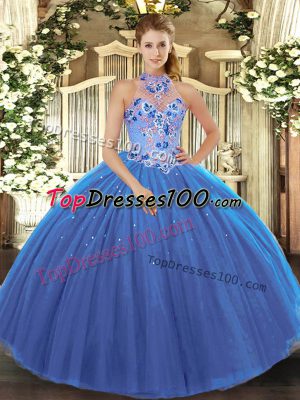 Blue Sleeveless Tulle Lace Up Sweet 16 Dresses for Military Ball and Sweet 16 and Quinceanera