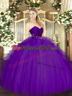 Purple Ball Gowns Tulle Sweetheart Sleeveless Ruffles Floor Length Zipper Quinceanera Gown