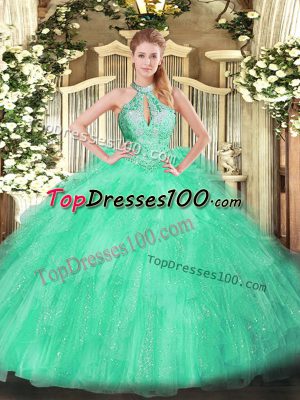 Apple Green Organza Lace Up Sweet 16 Quinceanera Dress Sleeveless Floor Length Beading and Ruffles