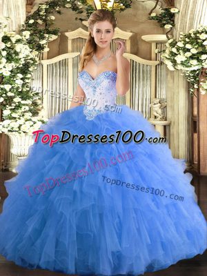 Tulle Sweetheart Sleeveless Lace Up Beading and Ruffles Vestidos de Quinceanera in Baby Blue