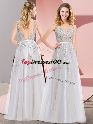 Spectacular Grey Sleeveless Lace and Appliques Floor Length Dress for Prom