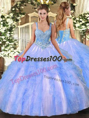 Nice Floor Length Lace Up Vestidos de Quinceanera Light Blue for Military Ball and Sweet 16 and Quinceanera with Beading and Ruffles
