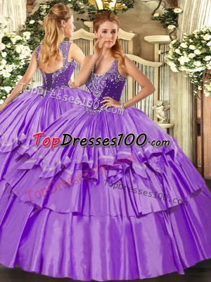 Lavender Ball Gowns Organza and Taffeta Straps Sleeveless Beading and Ruffled Layers Floor Length Lace Up Quinceanera Dresses