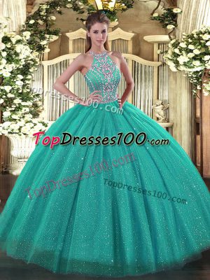 Best Selling Tulle Halter Top Sleeveless Lace Up Beading Quince Ball Gowns in Turquoise