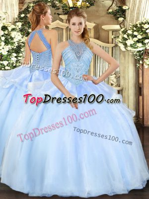 Light Blue Organza Lace Up Quince Ball Gowns Sleeveless Floor Length Beading