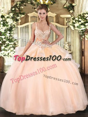 Inexpensive Floor Length Peach 15th Birthday Dress Straps Sleeveless Lace Up