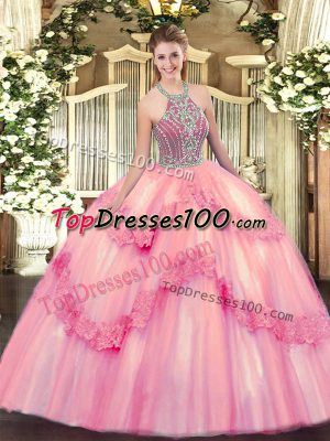 Admirable Baby Pink Sweet 16 Quinceanera Dress Military Ball and Sweet 16 and Quinceanera with Beading and Appliques Halter Top Sleeveless Lace Up