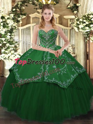 Trendy Green 15 Quinceanera Dress Military Ball and Sweet 16 and Quinceanera with Beading and Pattern Sweetheart Sleeveless Lace Up