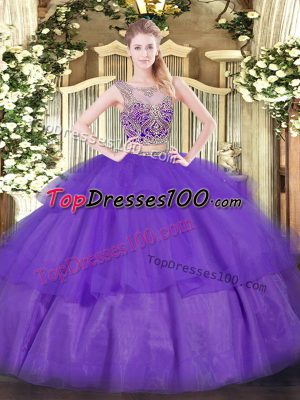 Trendy Two Pieces Quinceanera Dress Purple Scoop Tulle Sleeveless Floor Length Lace Up