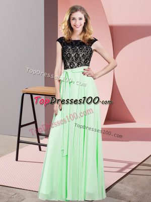Glamorous Chiffon Sleeveless Floor Length Prom Dresses and Lace and Belt