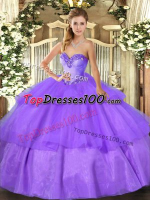 Suitable Lavender Ball Gowns Tulle Sweetheart Sleeveless Beading and Ruffled Layers Floor Length Lace Up Sweet 16 Dress