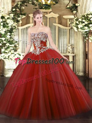 Sweet Wine Red Ball Gowns Beading Quince Ball Gowns Lace Up Tulle Sleeveless Floor Length