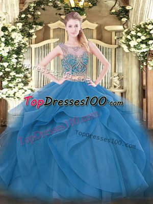 On Sale Blue Lace Up Scoop Beading and Ruffles Sweet 16 Dress Tulle Sleeveless