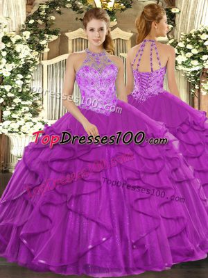 Deluxe Ball Gowns Sweet 16 Dresses Purple Halter Top Organza Sleeveless Floor Length Lace Up