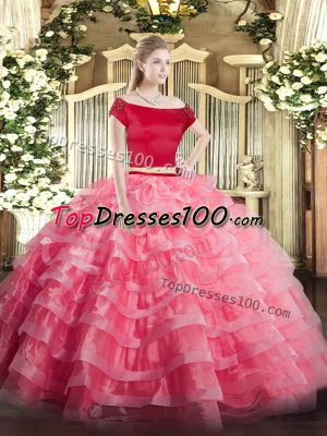 Appliques and Ruffled Layers Sweet 16 Quinceanera Dress Watermelon Red Zipper Short Sleeves Floor Length