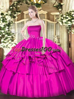 Strapless Sleeveless Quinceanera Dress Floor Length Ruffled Layers Fuchsia Organza and Taffeta