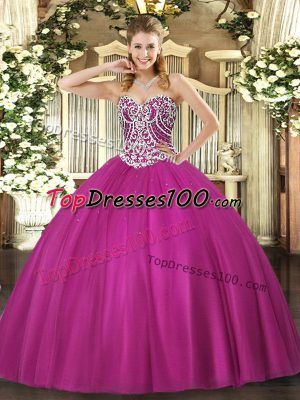 Comfortable Fuchsia Sweetheart Neckline Beading Sweet 16 Dress Sleeveless Lace Up