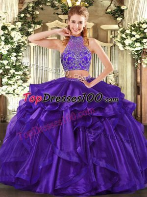 Halter Top Sleeveless 15 Quinceanera Dress Floor Length Beading and Ruffled Layers Purple Organza