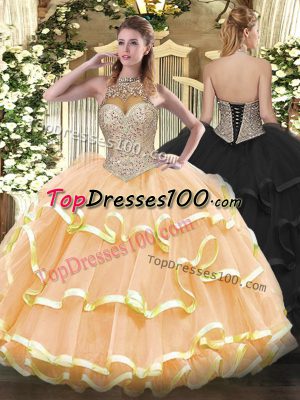 Clearance Beading and Ruffled Layers Ball Gown Prom Dress Peach Lace Up Sleeveless Floor Length