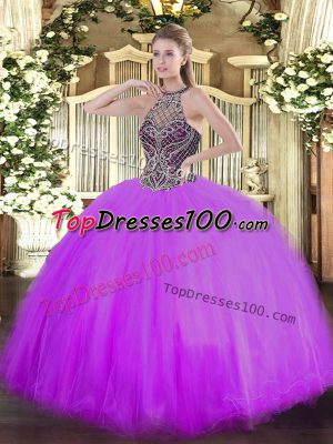 Edgy Tulle Halter Top Sleeveless Lace Up Beading Quinceanera Dress in Lilac