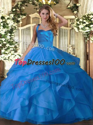 Blue Tulle Lace Up Halter Top Sleeveless Floor Length Quinceanera Gowns Ruffles