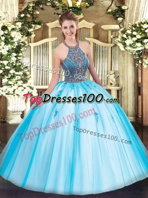 Luxurious Aqua Blue Lace Up Vestidos de Quinceanera Beading and Appliques Sleeveless Floor Length