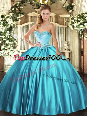 Latest Teal Satin Lace Up Ball Gown Prom Dress Sleeveless Floor Length Beading