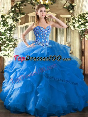 Adorable Blue Ball Gowns Sweetheart Sleeveless Organza Floor Length Lace Up Embroidery and Ruffles 15th Birthday Dress