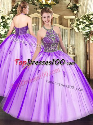 Shining Beading Sweet 16 Dress Eggplant Purple Lace Up Sleeveless Floor Length