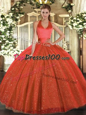 Tulle Halter Top Sleeveless Lace Up Sequins 15th Birthday Dress in Rust Red
