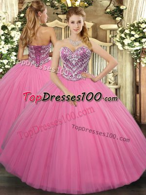 Fine Ball Gowns Quinceanera Gowns Rose Pink Sweetheart Tulle Sleeveless Floor Length Lace Up