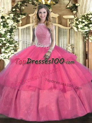 Simple Hot Pink Lace Up Quinceanera Gowns Beading and Ruffled Layers Sleeveless Floor Length