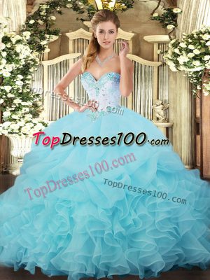 Exceptional Aqua Blue Ball Gowns Sweetheart Sleeveless Organza Floor Length Lace Up Beading and Ruffles and Pick Ups Ball Gown Prom Dress