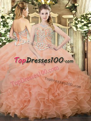 Best Selling Beading and Ruffles and Pick Ups Sweet 16 Dresses Peach Lace Up Sleeveless Floor Length