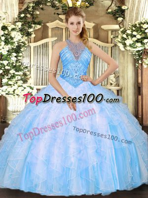 Inexpensive Baby Blue Lace Up High-neck Beading and Ruffles Sweet 16 Dress Organza Sleeveless