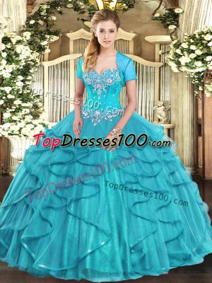 Ball Gowns 15 Quinceanera Dress Aqua Blue Sweetheart Tulle Sleeveless Floor Length Lace Up